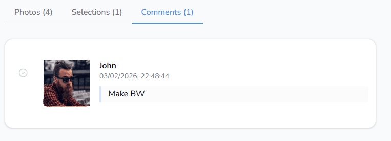 Galerias com seleção do cliente e comentários; fotógrafo filtra e marca como resolvidas